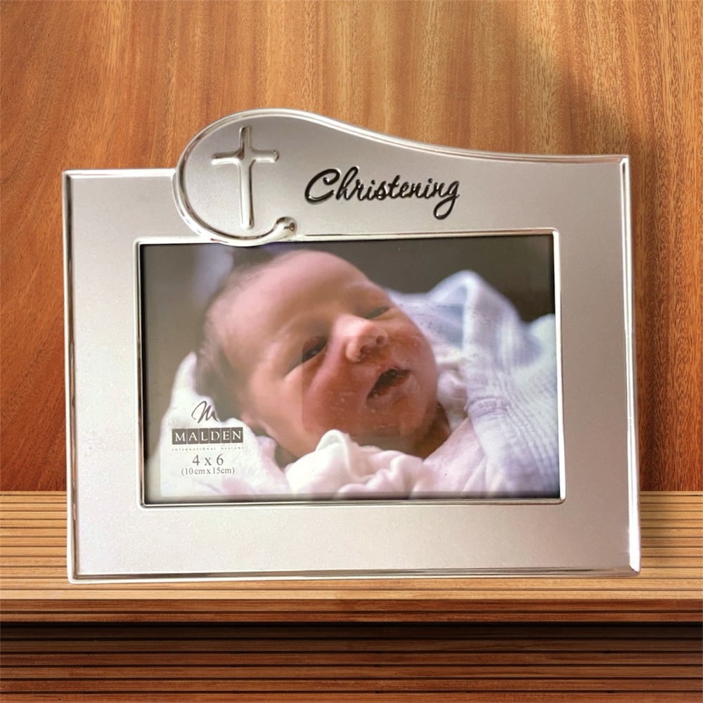 CHRISTENING Picture Frame For 4x6” Photo Brushed Silver Tone With Cross